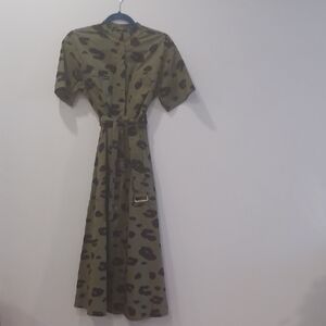 Olive Green Short-Sleeve Midi Shirt Dress with Belted Waist